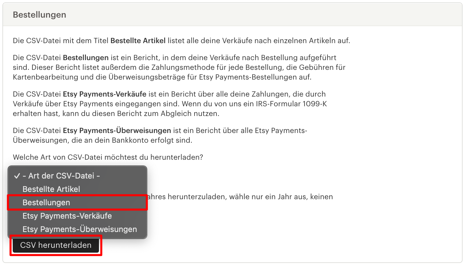 Etsy – Bestellpositionen Export, Schritt 2